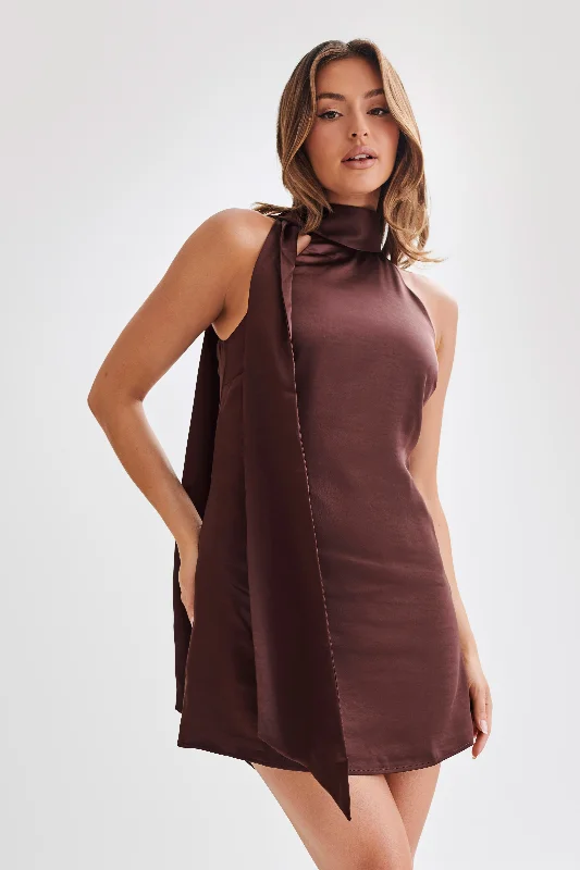 Must-Have Deals Inside!Aubriella Halter Mini Dress With Tie - Dark Chocolate