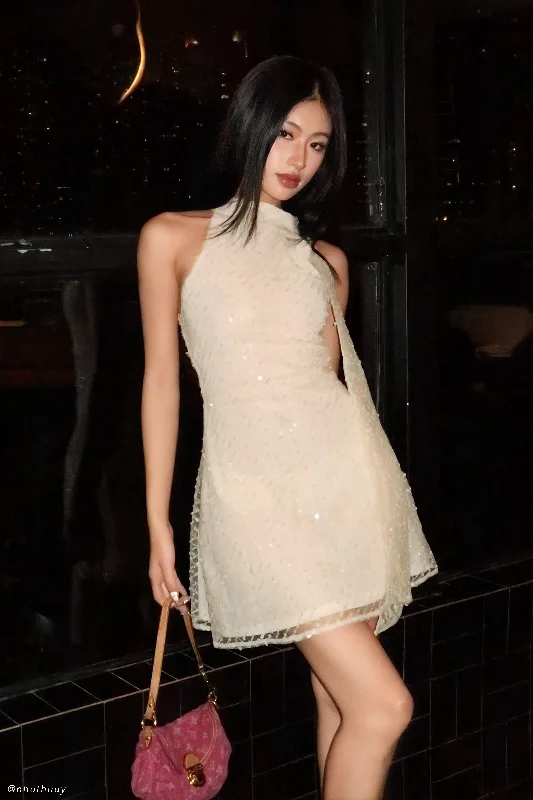 Time to Save Big!Aubriella Sequin Halter Mini Dress With Tie - Buttercream