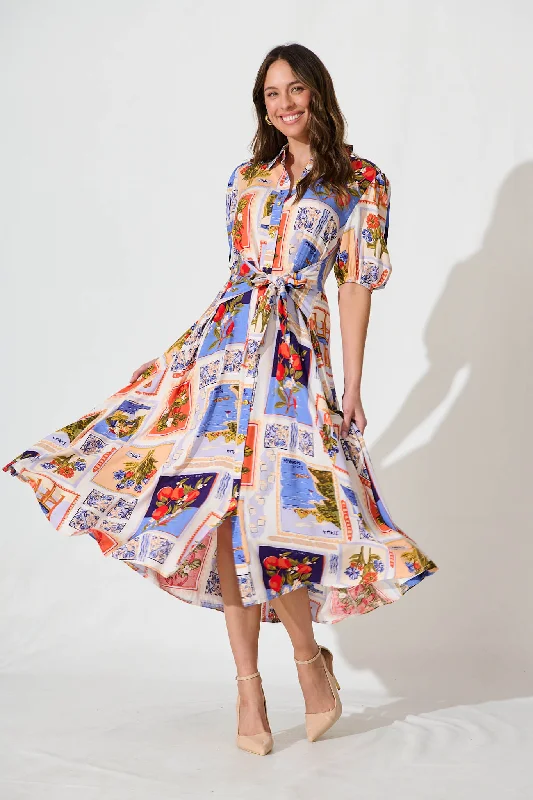 The Best Deals Won’t Wait!Bella Maxi Shirt Dress In White Multi Postcard Print