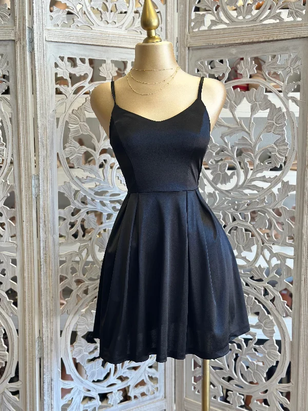 Must-Have Deals Inside!Black Satin Strappy Fit and Flare Dress-Stretchy