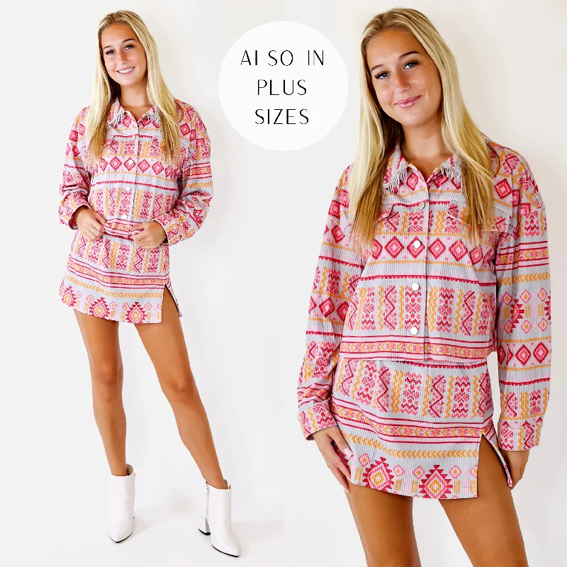 Don't Miss Out!Music For The Soul Button Up Corduroy Aztec Print Jacket with Crystal Fringe in Grey