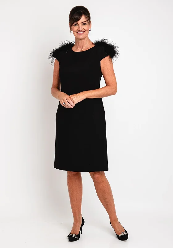 Steals and Deals Await!Camelot Feather Trim Shoulder Knee Length Dress, Black