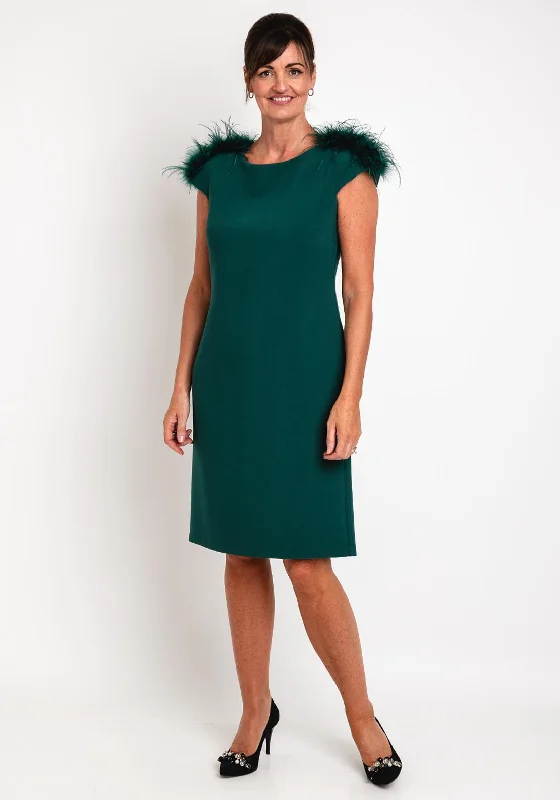 Massive Price Cuts!Camelot Feather Trim Shoulder Knee Length Dress, Emerald Green