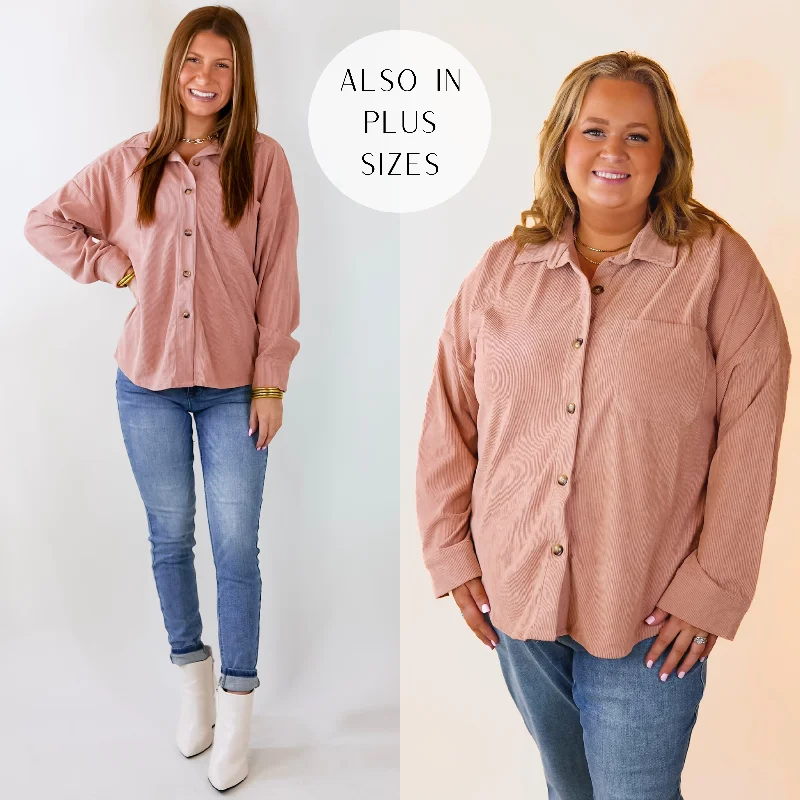 Steals and Deals Await!Captivating Cuteness Corduroy Button Up Shacket in Mauve Pink