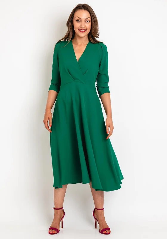 Limited Stock Available!Castings V-Shape Neckline A-Line Dress, Green