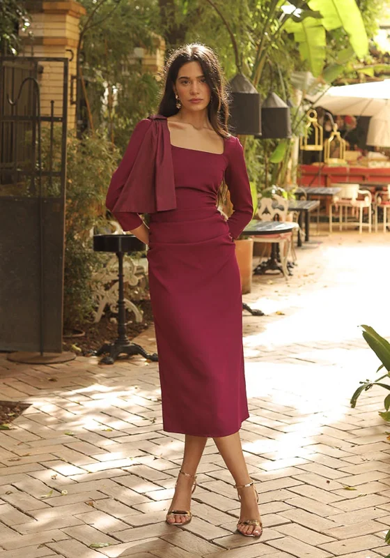 Limited Stock Available!Cayro Berta Taffeta Shoulder Bow Maxi Dress, Eggplant