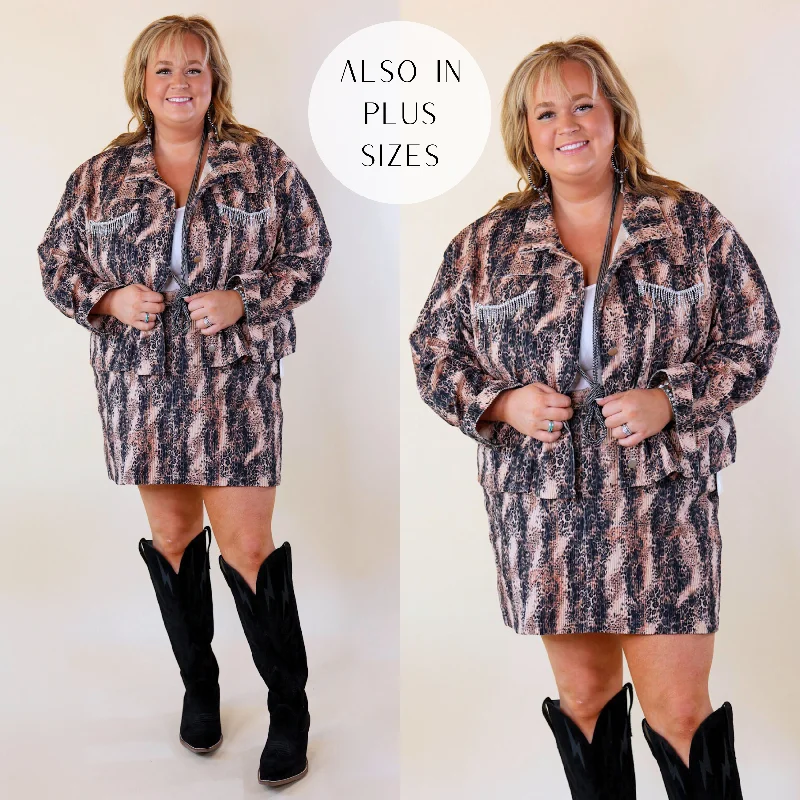 Instant Savings Await!Chic Discovery Button Up Corduroy Animal Print Jacket with Crystal Fringe in Blush Pink and Black