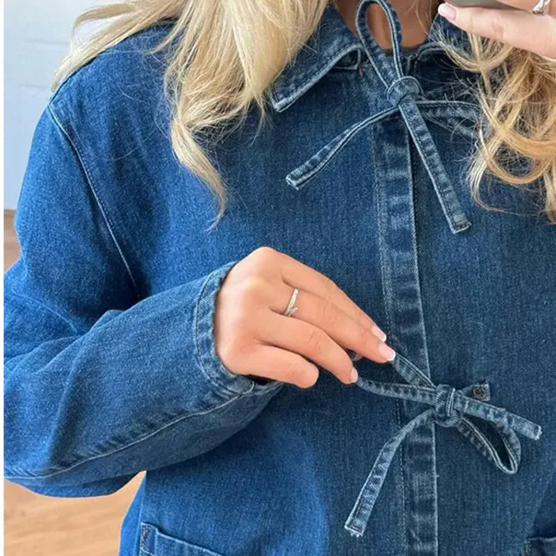 Best Price of the Season!Denim Bow Polo Collar Long Sleeve Pullover With Ties England Style Pocket Thin Jacket
