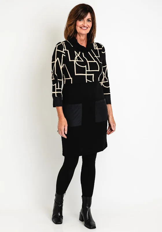Amazing Prices You Can’t Resist!Dolcezza Geometric Print Smock Dress, Black Gold