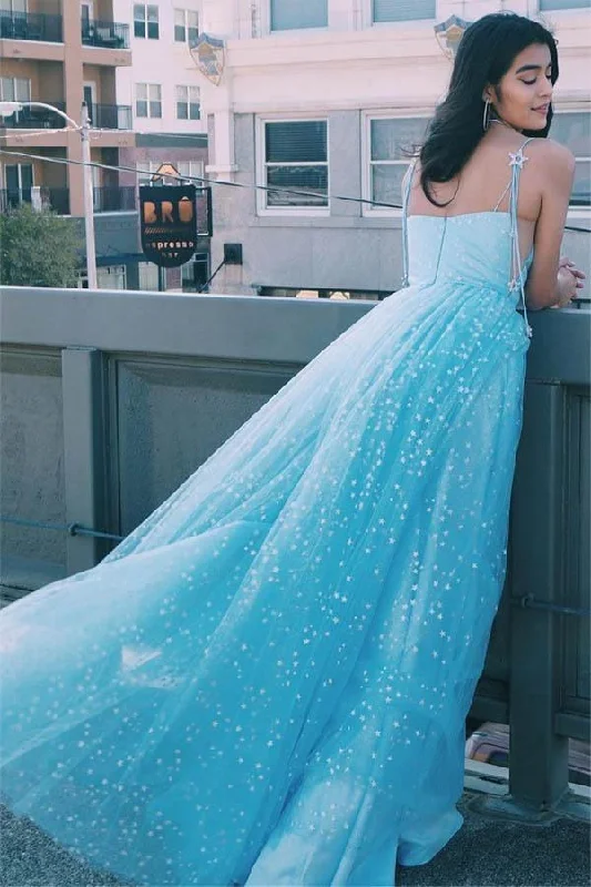Shop Smart, Save Big!Elegant A-Line Straps Light Blue Long Prom Dress with Stars PSK129 Shop Smart, Save Big!Elegant A-Line Straps Light Blue Long Prom Dress with Stars PSK129