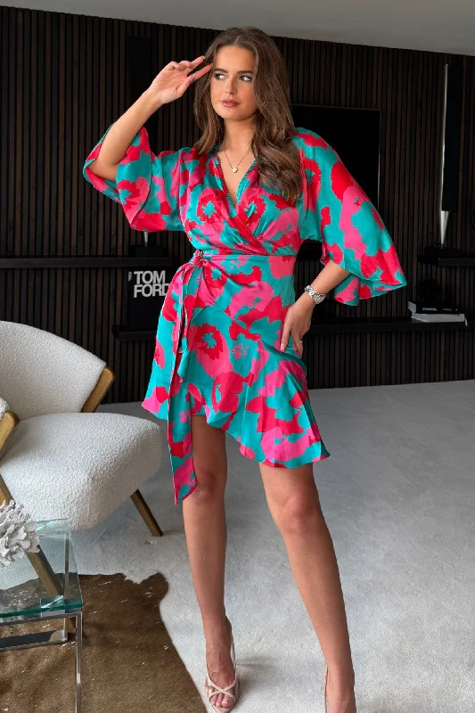 Lowest Prices Guaranteed!Elsie Blue Pink Print Wrap Over Mini Dress