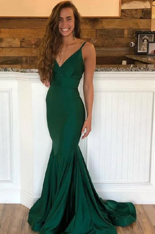 Savings You Can’t Ignore!Emerald Green V Neck Mermaid Prom Dresses with Sweep Train PSK112