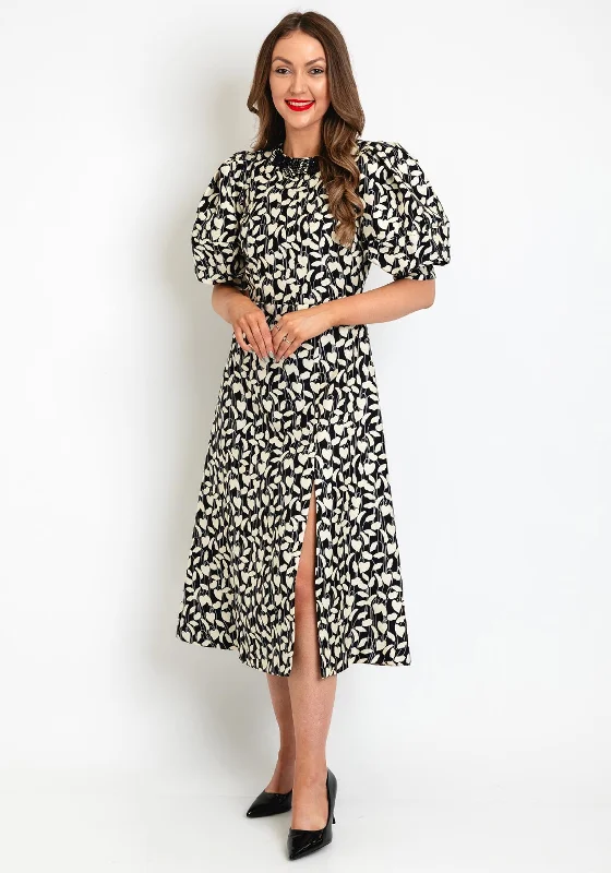 Your Chance to Save is Now!Exquise Puff Sleeve Printed A Line Dress, Black & Cream