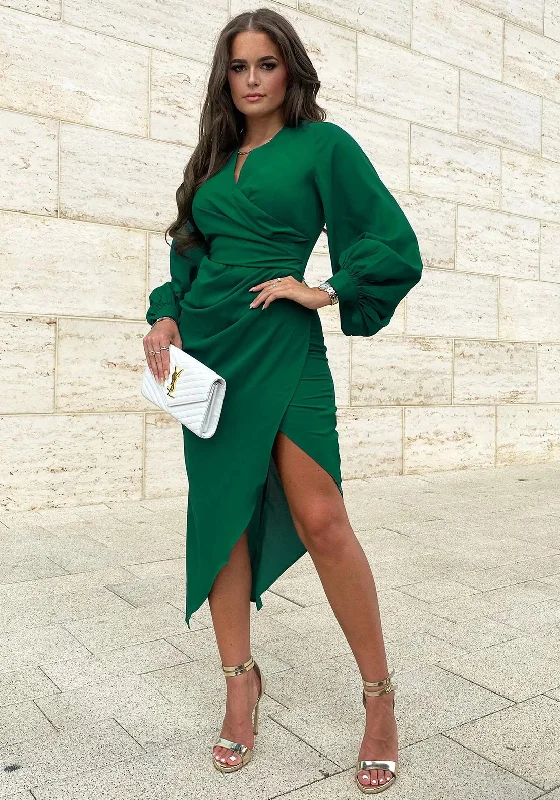 Your Best Deals Are Here!Girl in Mind Elsa Balloon Sleeve Wrap Dress, Forest Green