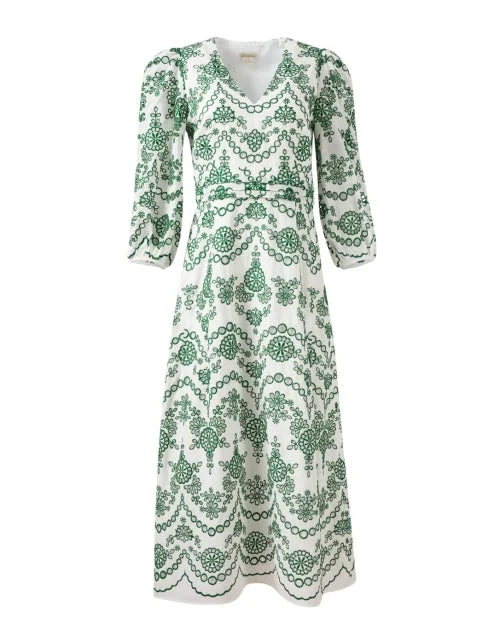 Must-Have Deals Inside!Glenda Ivory and Green Cotton Eyelet Dress