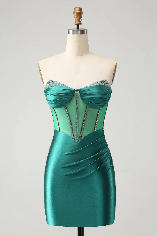 Save Up to 50% Off!Glitter Dark Green Beaded Corset Satin Short Prom Dress
