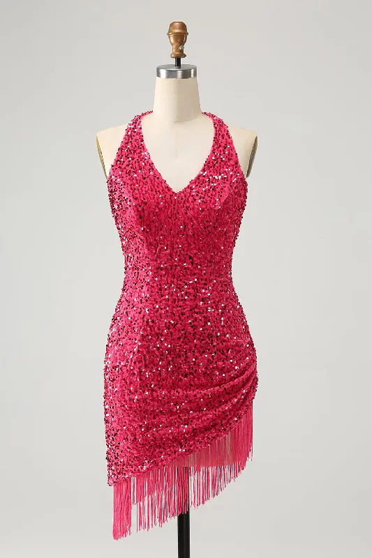 Your Favorite Items on Sale Now!Glitter Fuchsia Sequins Halter Tight Short Prom Dress with Tassels Your Favorite Items on Sale Now!Glitter Fuchsia Sequins Halter Tight Short Prom Dress with Tassels