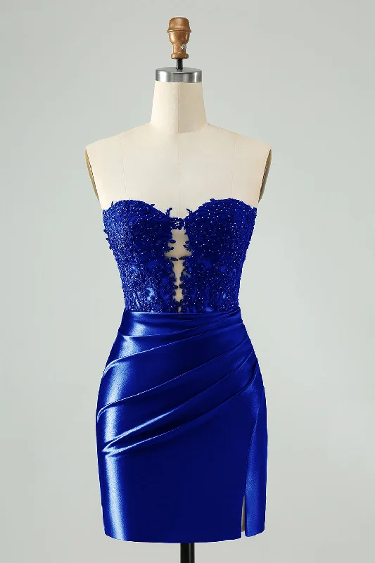 Shop Before It’s Gone!Glitter Royal Blue Beaded Appliques Tight Short Prom Dress
