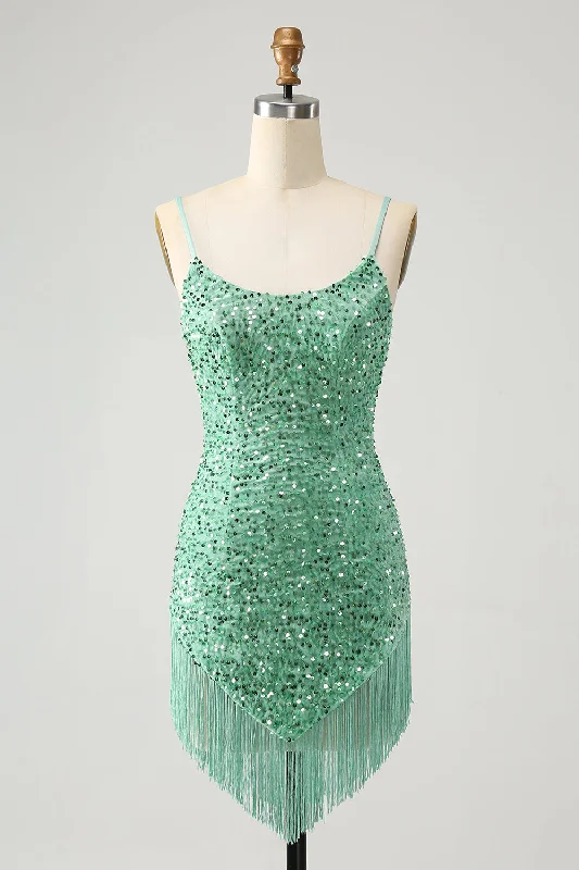 The Best Sale of the Year!Glitter Sage Tight Scoop Short Prom Dress with Tassels