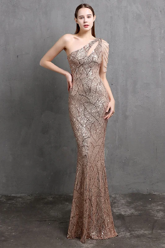 One Day Only – Huge Savings!Gold Mermaid One Shoulder Sequin Prom Dresses