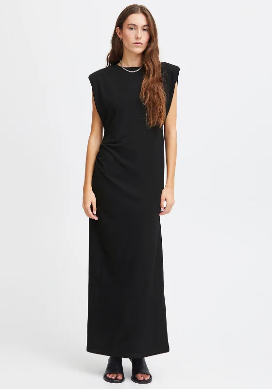 Hottest Discounts of the Year!Ichi Katine Shoulder Pad Ruched Long Dress, Black