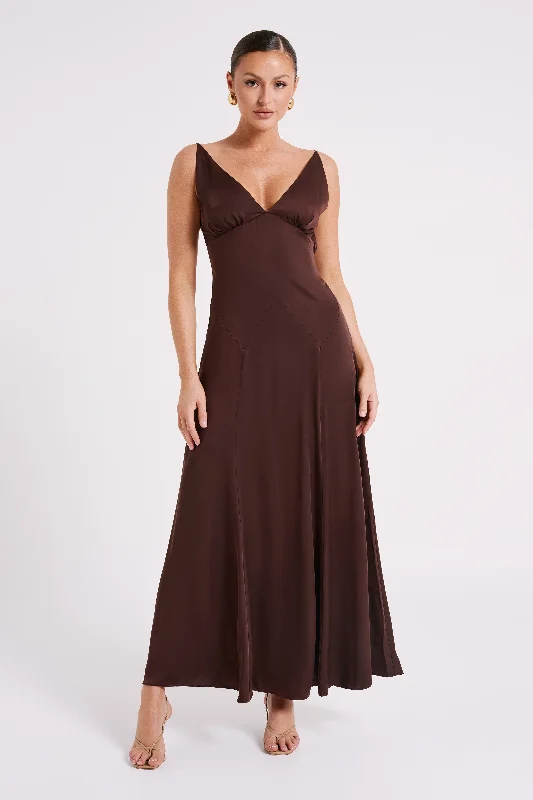 Your Exclusive Offer Awaits!Kamala Low Back Satin Maxi Dress - Dark Chocolate