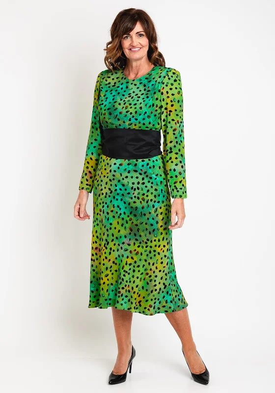 The Best Deals Won’t Wait!Kameya Belted Waist, Polka Dot Print Maxi Dress, Green