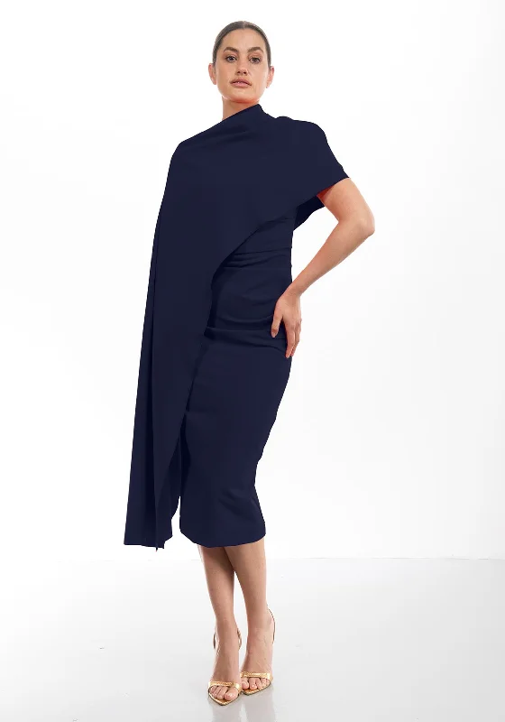 Crazy Discounts Inside!Kevan Jon Alice Cape Sleeve Mide Dress, Navy