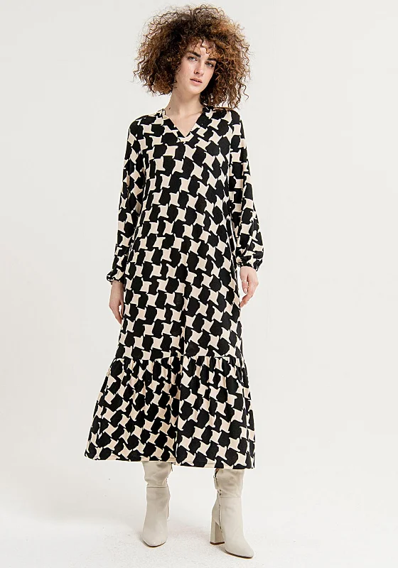 Price Drop Alert!Surkana Houndstooth Print, Frill Hem Maxi Dress, Black