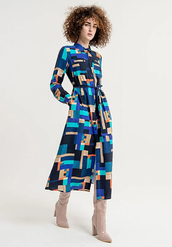 Shop Smart, Save Big!Surkana Abstract Print Shirt Maxi Dress, Blue