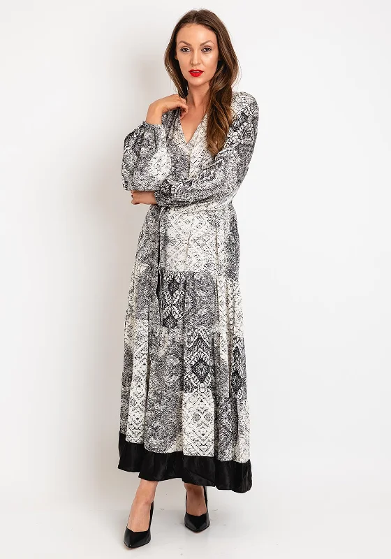 Biggest Sale of the Season!Natalia Collection One Size Patchwork Print Satin Tiered Maxi Dress, Black & White Biggest Sale of the Season!Natalia Collection One Size Patchwork Print Satin Tiered Maxi Dress, Black & White