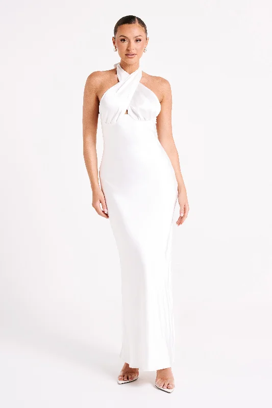 Score Big Savings Today!Marvelle Satin Halter Maxi Dress - White