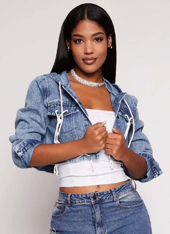 Huge Price Cuts Await!Lace Up Hooded Cropped Jean Jacket