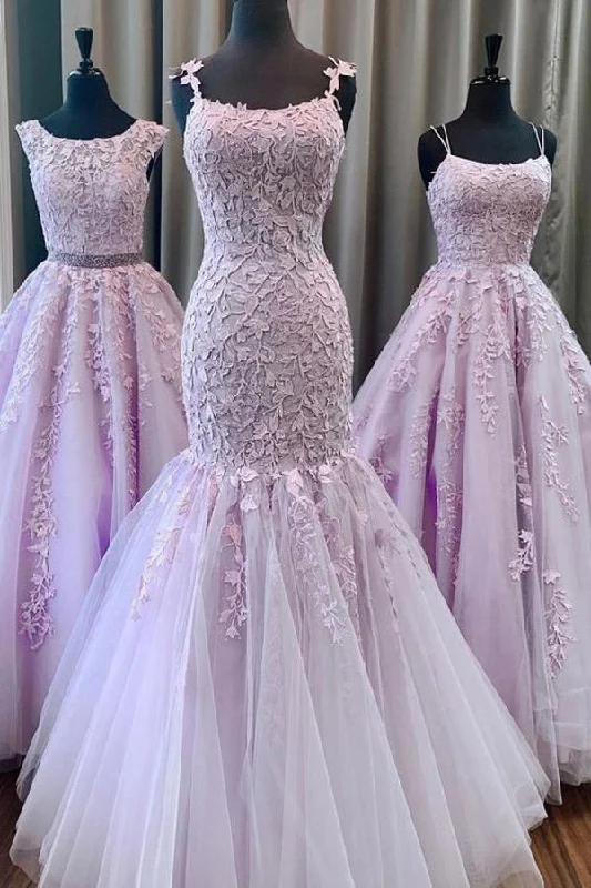 Save More When You Shop More!Mermaid Spaghetti Straps Floor Length Lilac Prom Dress With Appliques PSK137