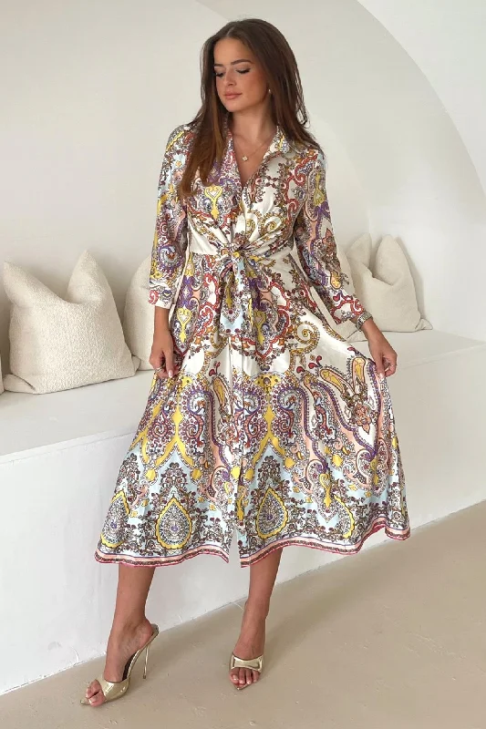 Save Money, Shop Happy!Odette Red Paisley Print Tie Front Shirt Dress