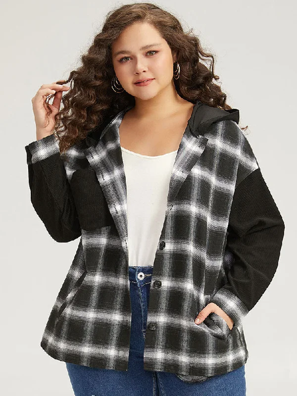 Save Money, Shop Happy!Plaid Hooded Patched Pocket Button Up Patchwork Coat