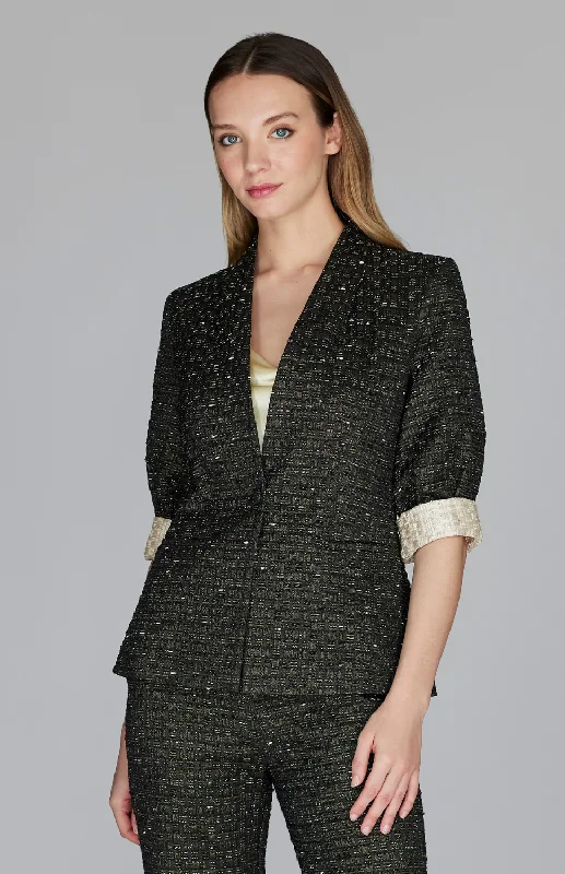 Exclusive Offers You’ll Love!PREORDER Metallic Tweed Fitted Jacket w/ Center Button