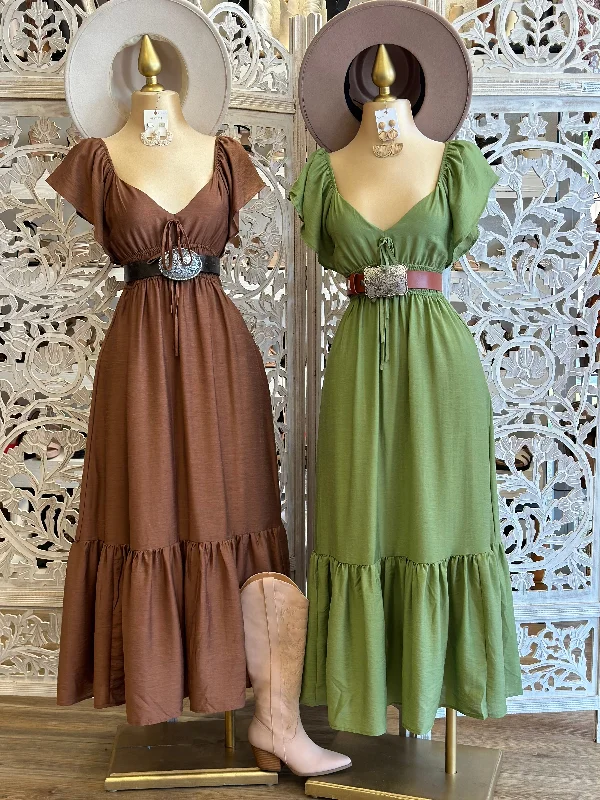 Seasonal Sale – Shop Now!Ribbon Ruffle Sleeve Maxi Dress- Stretchy