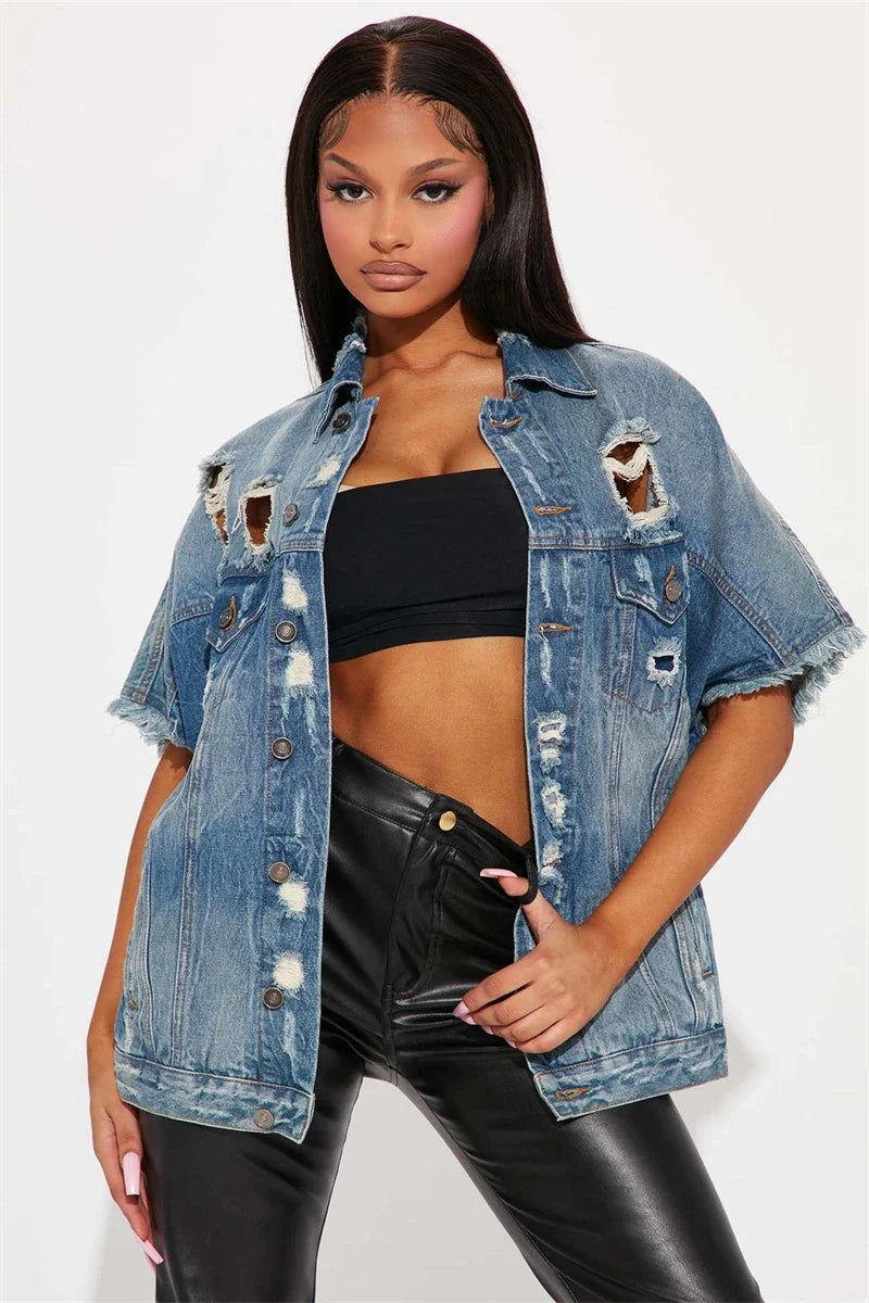 Limited Stock Available!Ripped Jean Summer Broken Holes Denim Streetwear Short Sleeve Jacket