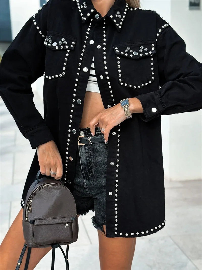 Must-Have Deals Inside!Rivet Denim Autumn Long Sleeve Turn Down Collar Jean Streetwear Jacket
