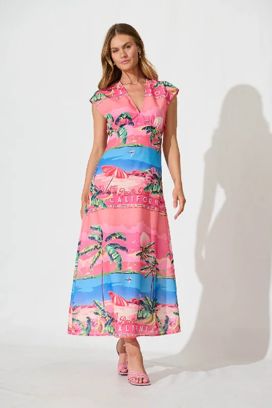 Don’t Wait – Deals Won’t Last!Rockland Maxi Dress Pink And Blue Tropical Print Linen Blend