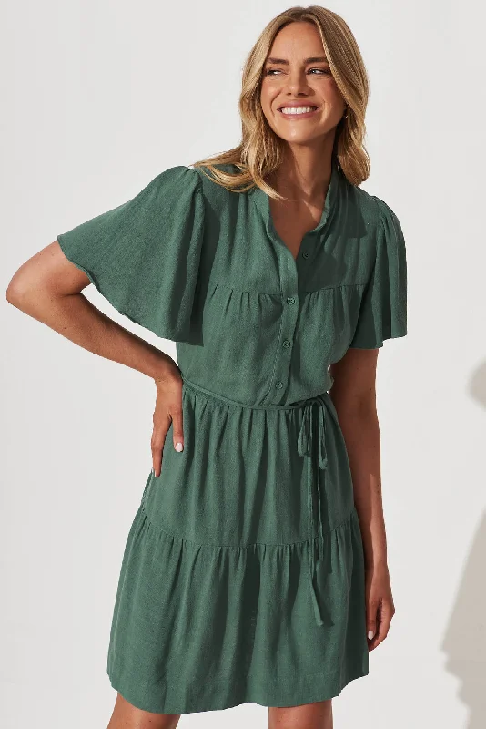 Biggest Sale of the Season!Rosemary Smock Dress In Green Linen Blend