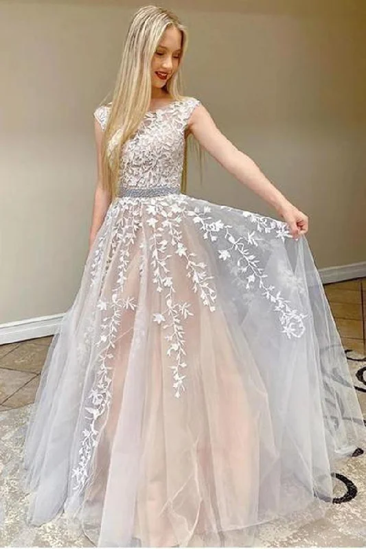 Save More with Every Purchase!Round Neck Tulle Open Back Long Prom Dress With Lace Applique PSK115