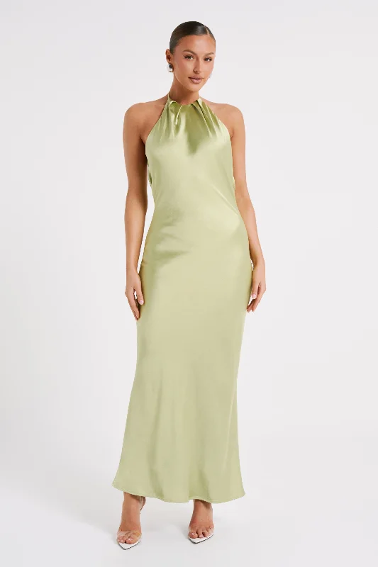 Upgrade for Less!Sammy Satin Halter Maxi Dress - Pistachio