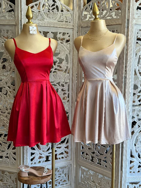 Shop More, Spend Less!Satin Strappy Fit and Flare Dress-Stretchy