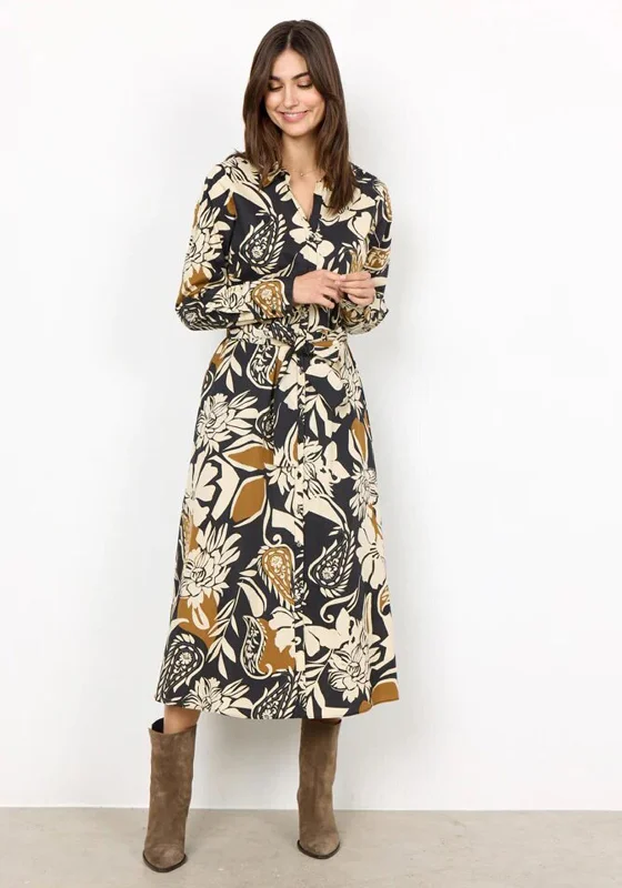 Stock Up and Save!Soyaconcept Tamaya Floral Print Midi Shirt dress, Camel