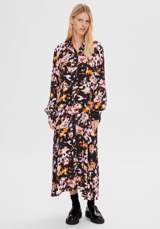 Limited Time Offer!Selected Femme Irene Ankle Length Patterned Shirt Dress, Black