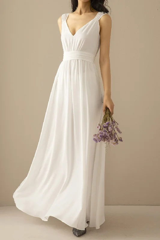 Limited Time Offer!Simple White Chiffon Long Prom Bridesmaid Dress