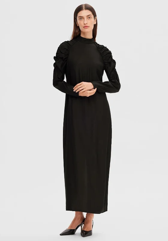 Score Big Savings Today!Selected Femme Nora Ruched Shoulder Detail Long Dress, Black