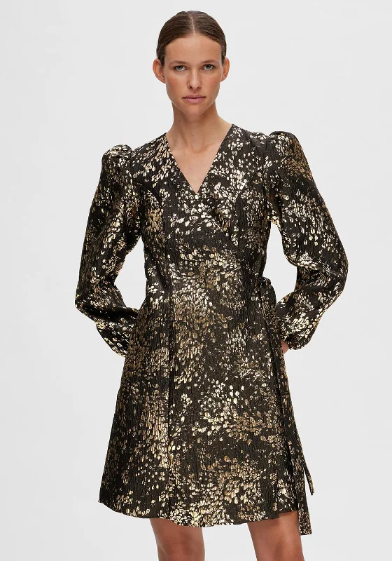 Huge Price Cuts Await!Selected Femme Paula Metallic Jacquard Mini Dress, Antique Gold